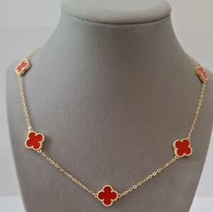 Red enamel four leafs five  flowers necklace